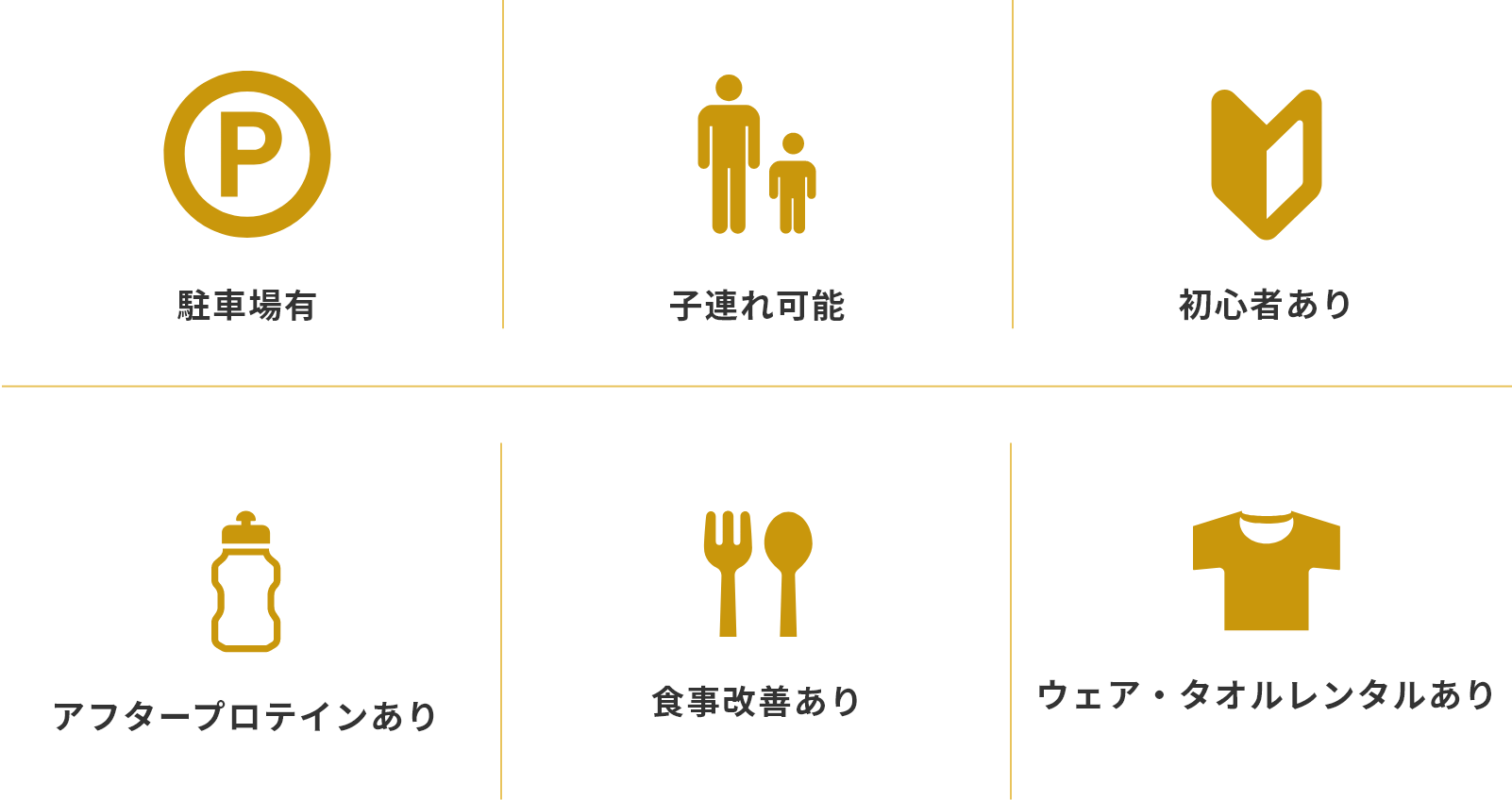 駐車場有、子連れ可能、初心者あり、アフタープロテインあり、食事改善あり、ウェア・タオルレンタルあり